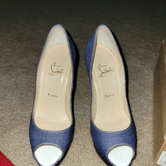 Christian Lou Boutin Peep Toe Denim Heels - Picture 7 of 8